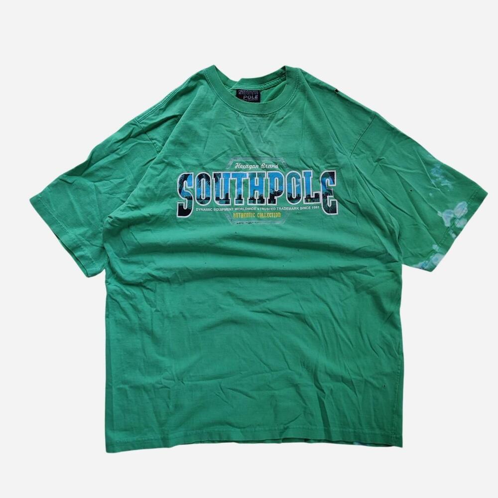 Y2K Southpole green t-shirt with white and blue 'SOUTHPOLE' text graphic